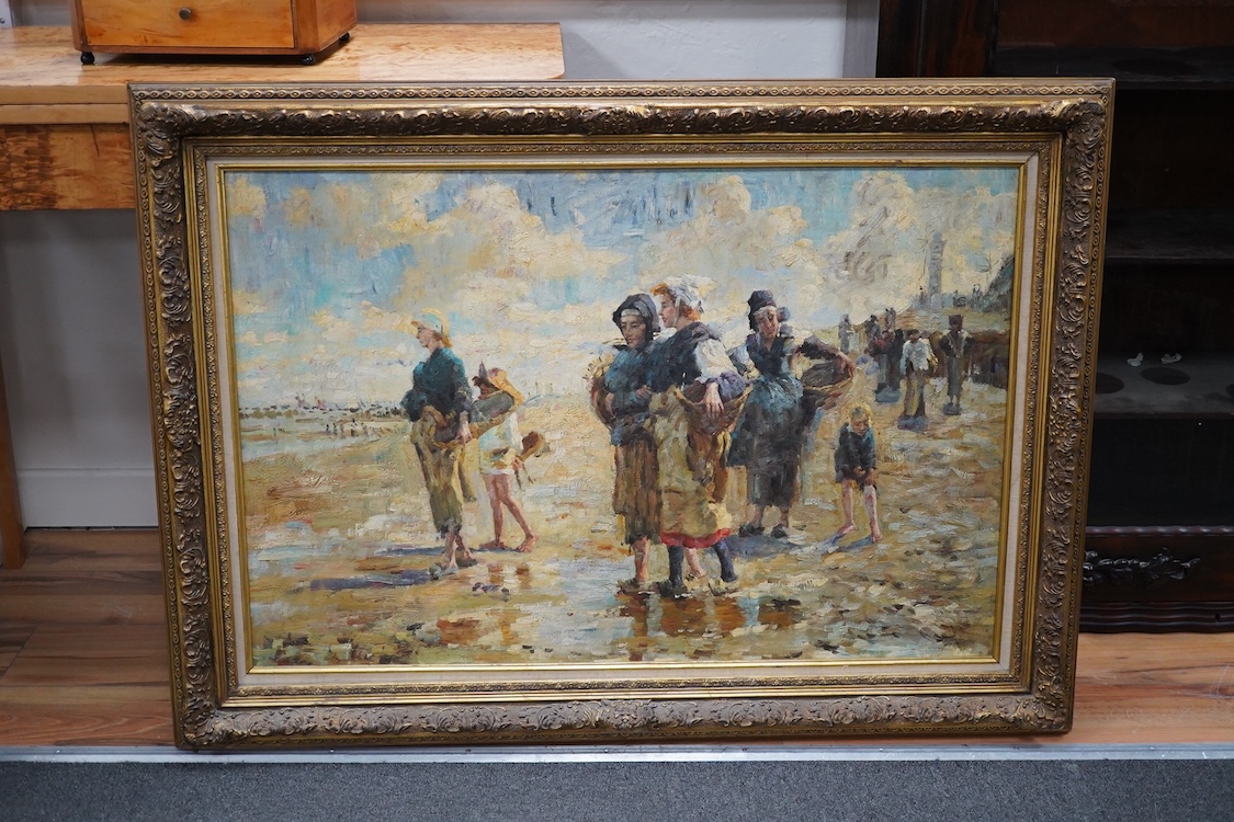 Modern British, oil on board, Beach scene with figures, unsigned, 59 x 90cm. Condition - good